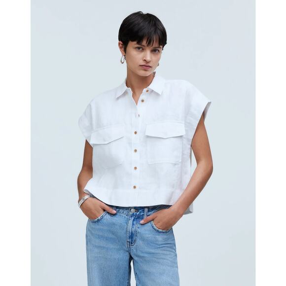 $85 New Madewell Flap-Pocket Button Up Shirt - White Linen - XS - Picture 1 of 9